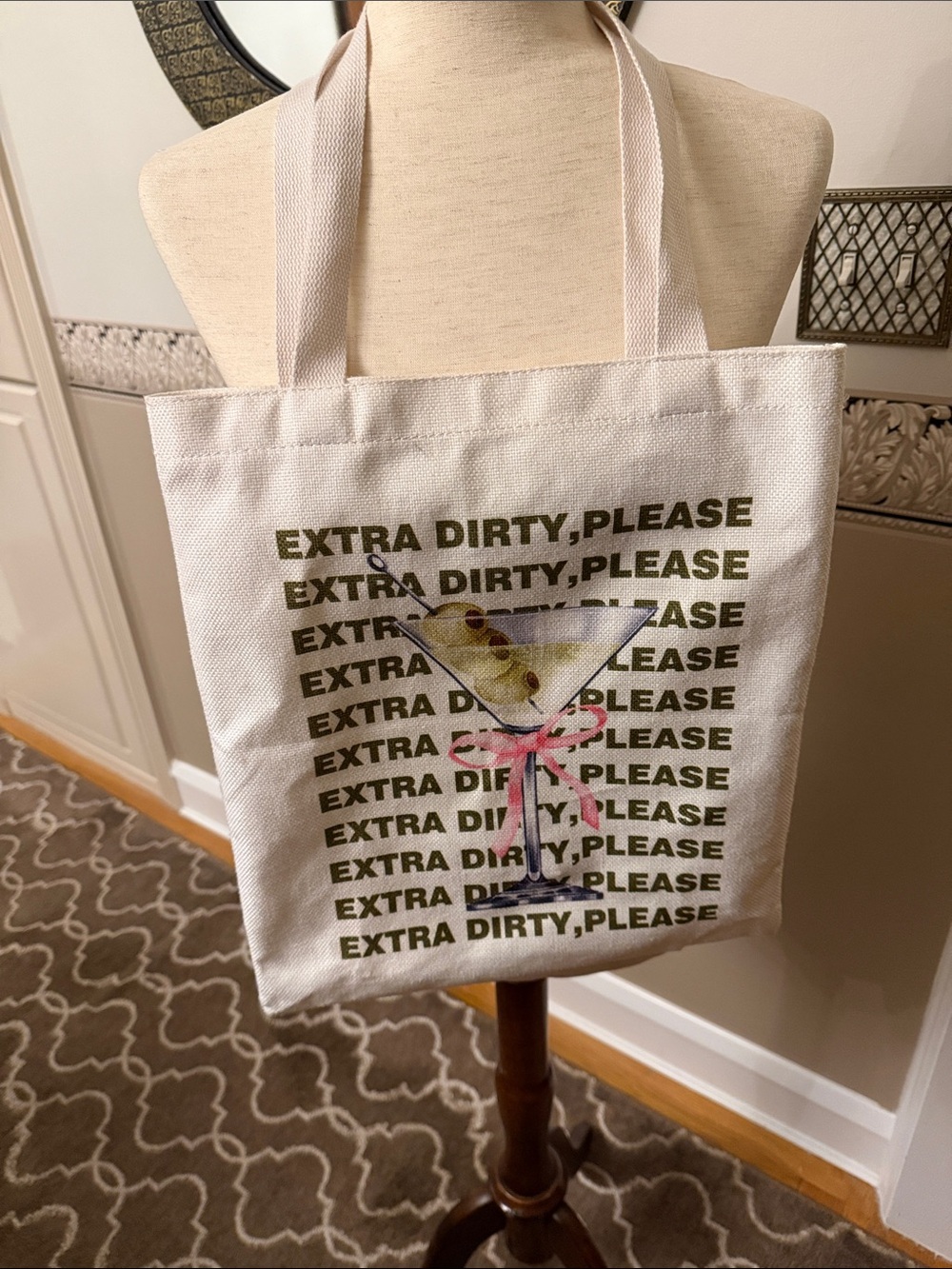 Canvas Tote Bag with Martini Graphic - creme color very good condition